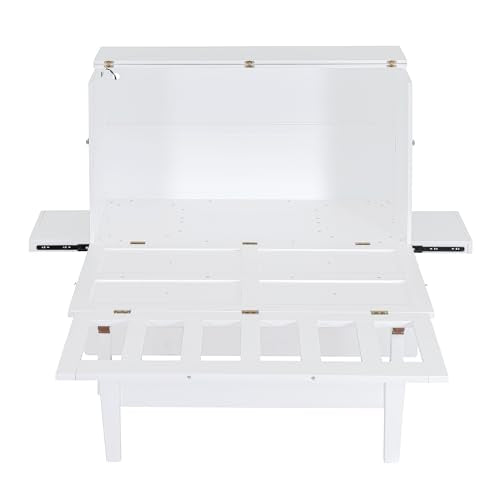 Full Size Murphy Bed with Desk, USB Port, and Shelves, White Wood Frame Z18160