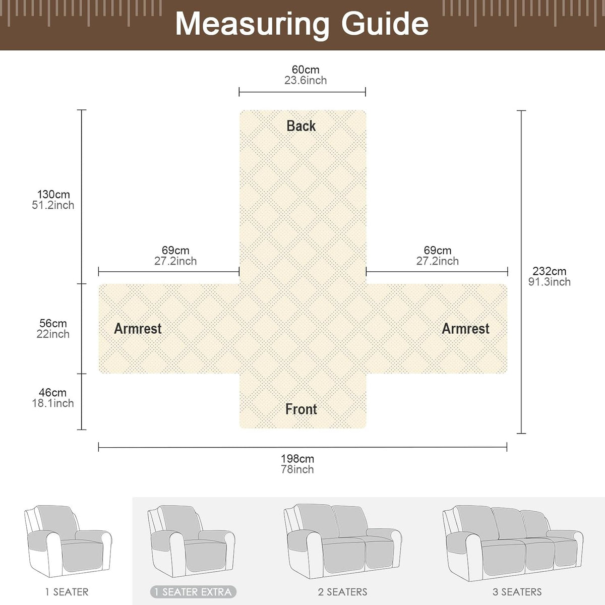 Brown Waterproof Non Slip Recliner Chair Cover with Pocket T861751