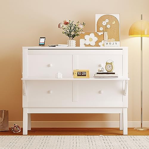 Full Size Murphy Bed with Desk, USB Port, and Shelves, White Wood Frame Z18160