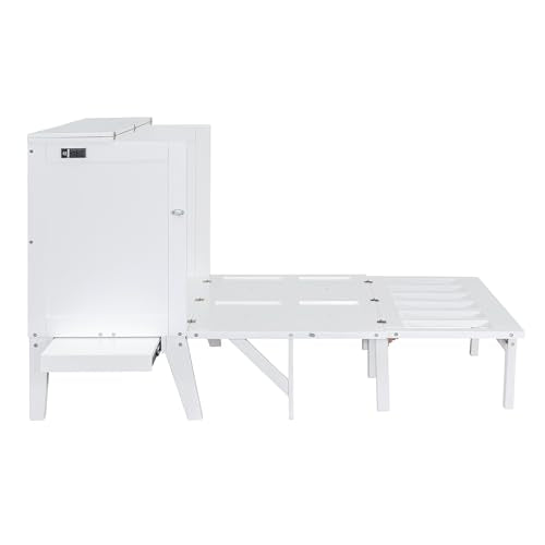 Full Size Murphy Bed with Desk, USB Port, and Shelves, White Wood Frame Z18160