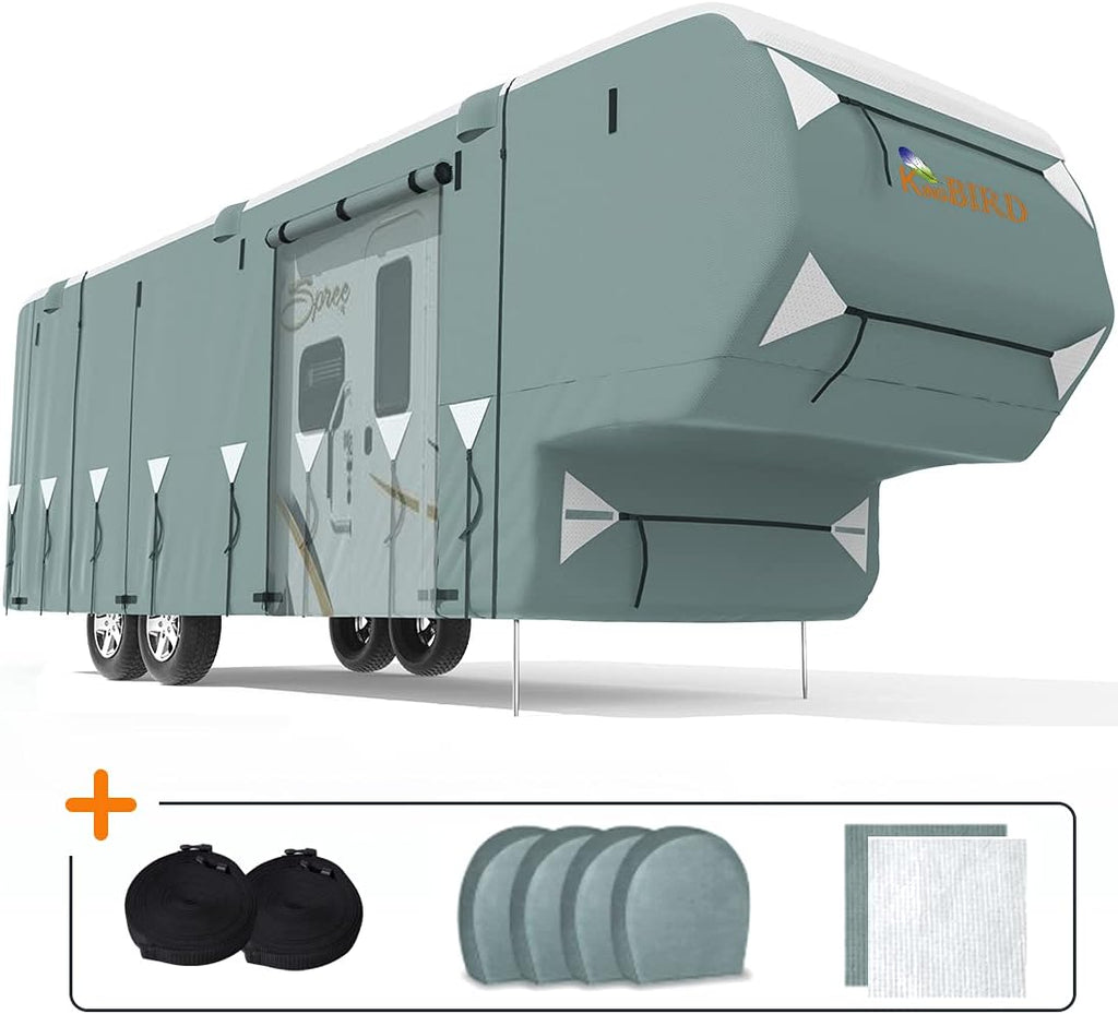 5th Wheel RV Cover, Extra-Thick 5 Layers Anti-UV Top Panel, Fits 37'-41' Motorhome with 2Pcs Extra Straps & 4 Tire Covers C544