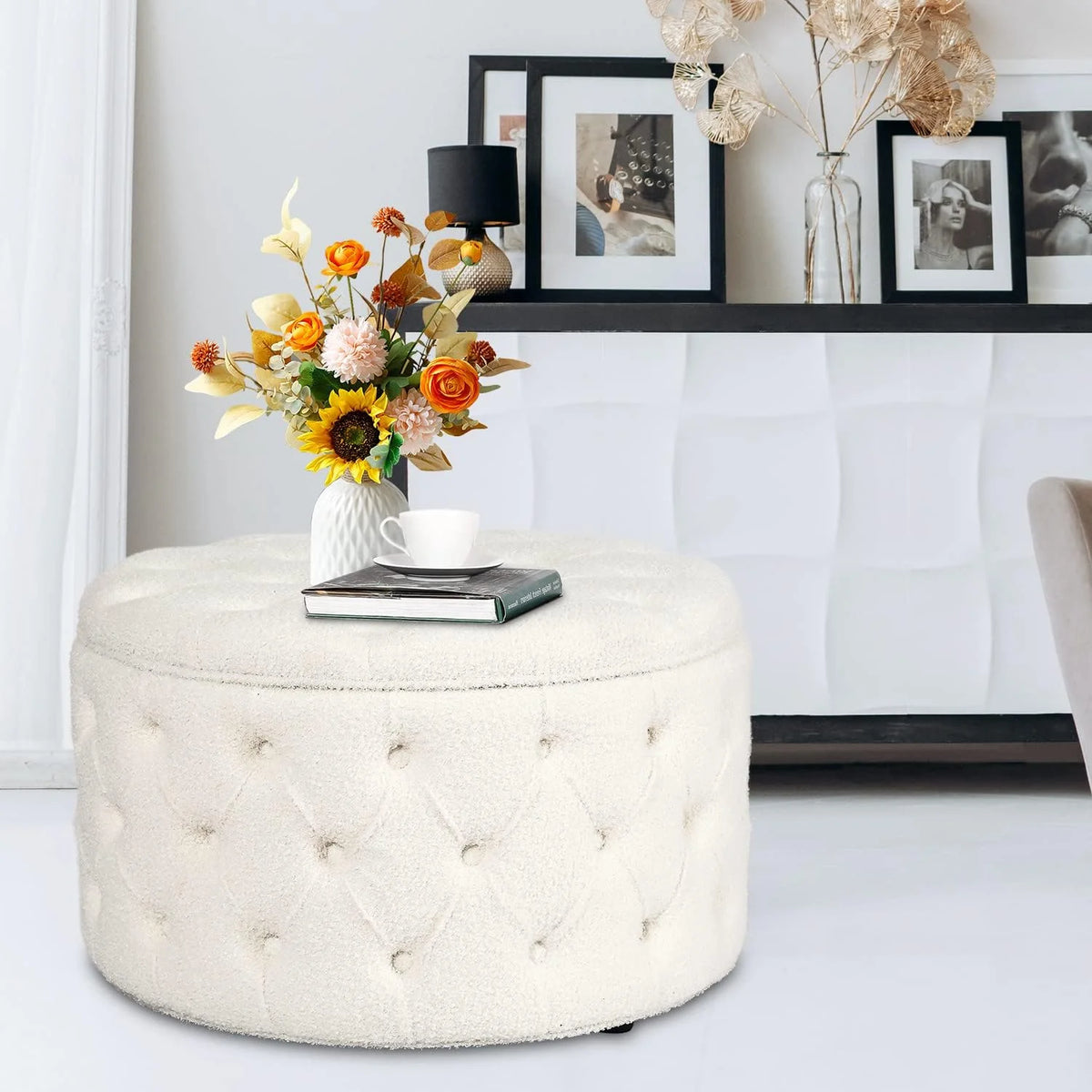 White Round Storage Ottoman N324
