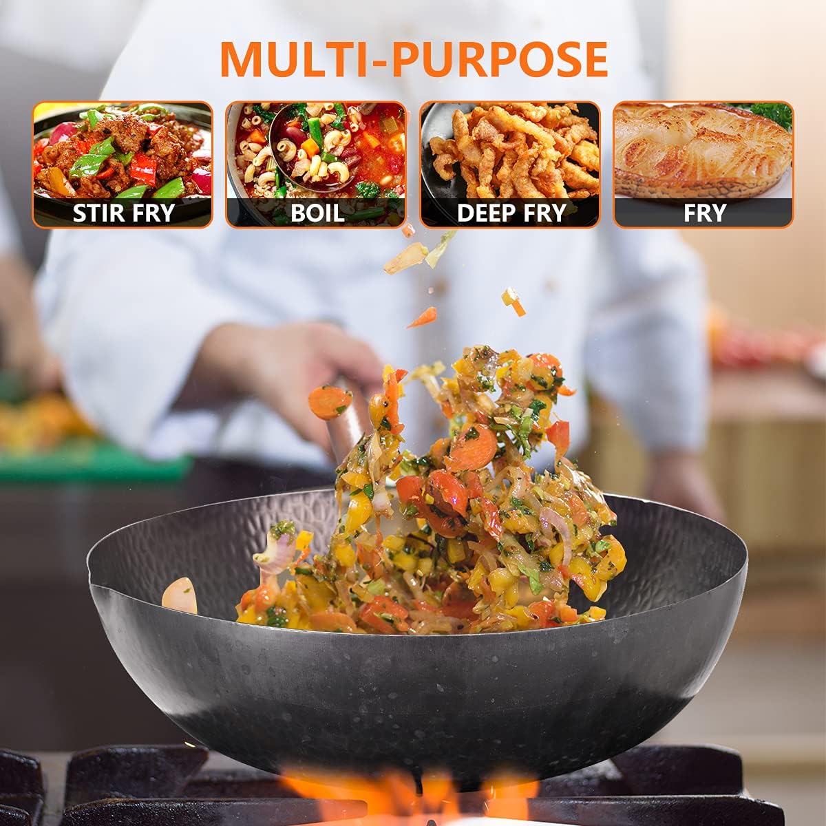13 PCS Carbon Steel Wok Set with Wooden Lid & Utensils I222551