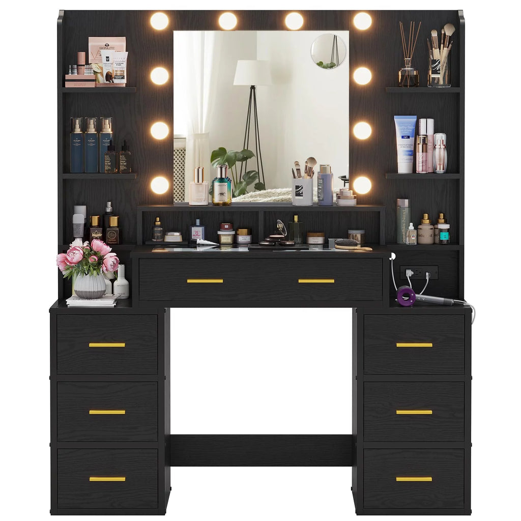 Black Vanity Desk with Mirror and Lights, Glass Top, Charging Station, 8 Drawers X312