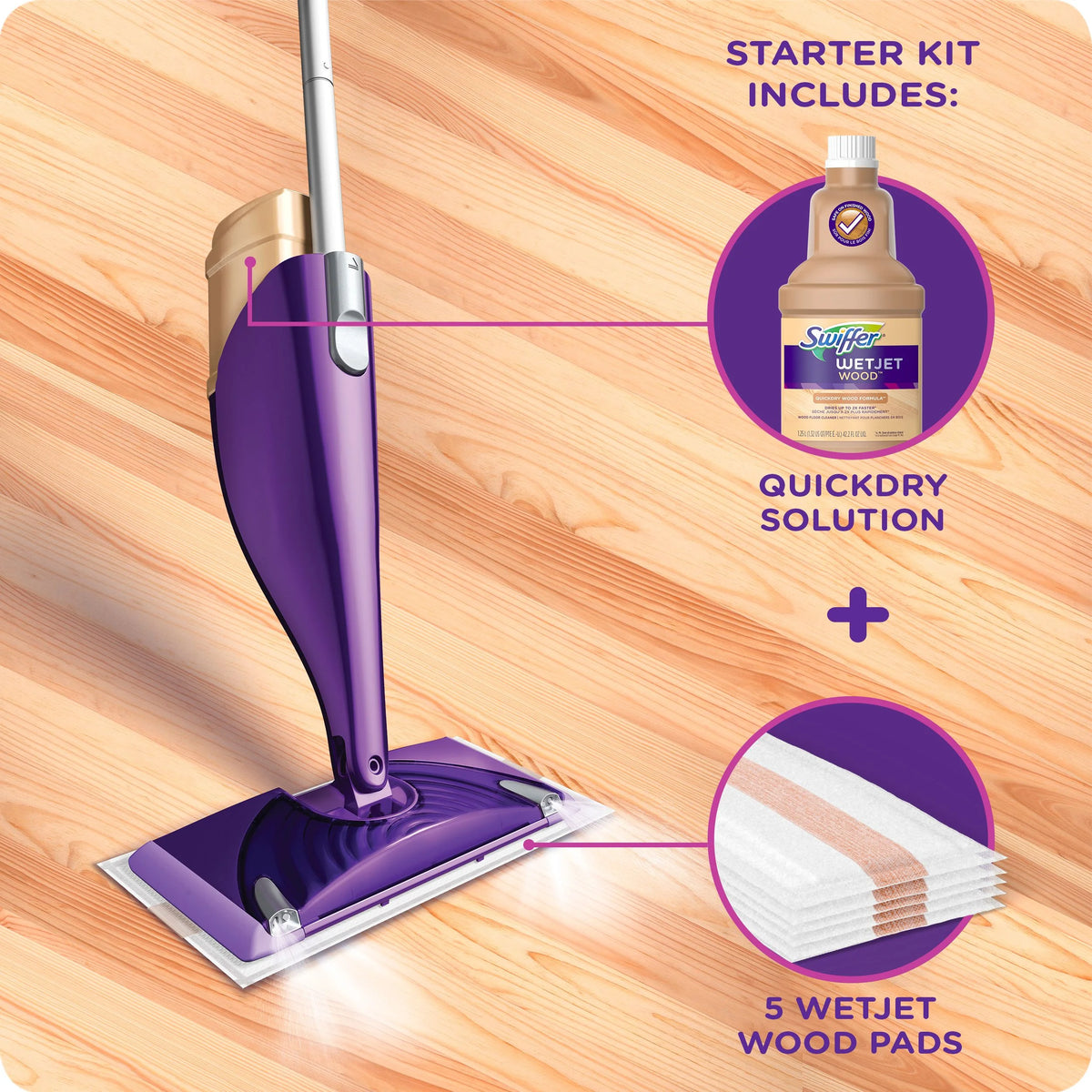Wood Mop Starter Kit (1 Mop, 5 Pads, 1 Floor Cleaning Solution) E9882