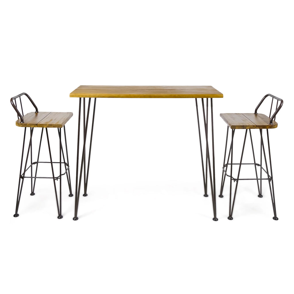 3 Piece Acacia Wood Bar Set with Iron Frame S58267