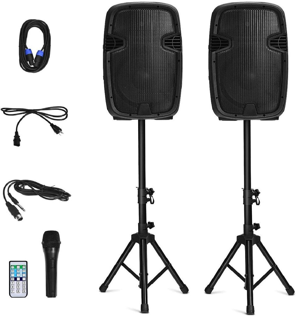 12 1600W Portable Dual Passive Active Speaker with 2 Speaker Stands V4785