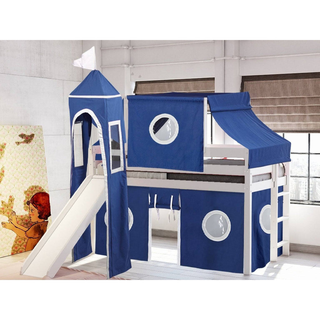 White Low Loft Twin Bed with Slide and Tent A5532