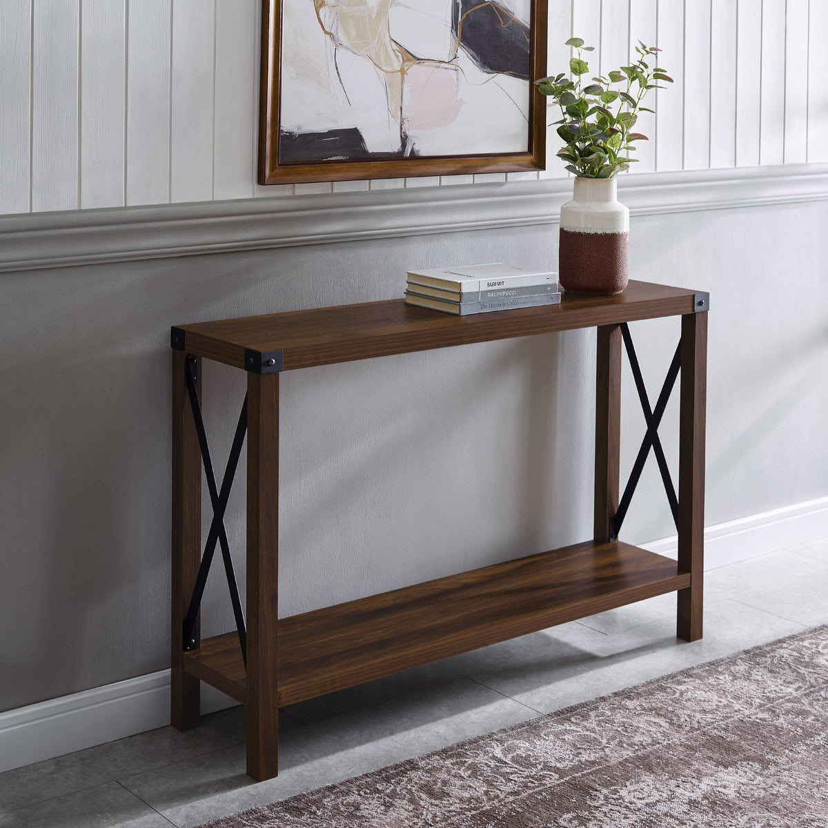 Rustic Farmhouse Entry Table Dark Walnut F10523