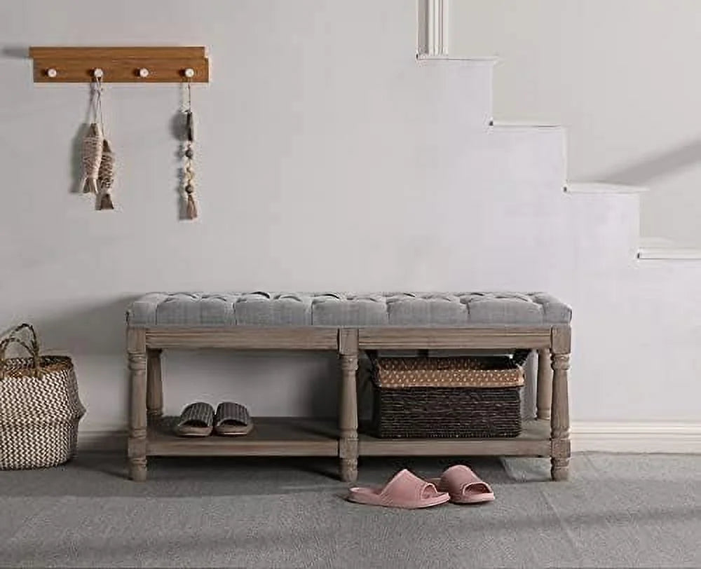 Gray Tufted Wood Entryway Bench U782626