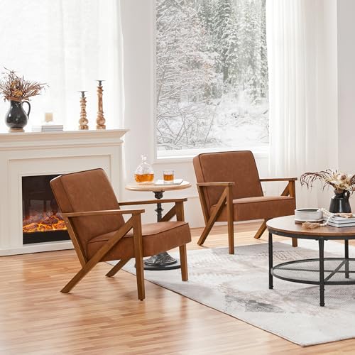 Light Brown Faux Leather Accent Chair with Wood Frame F14053