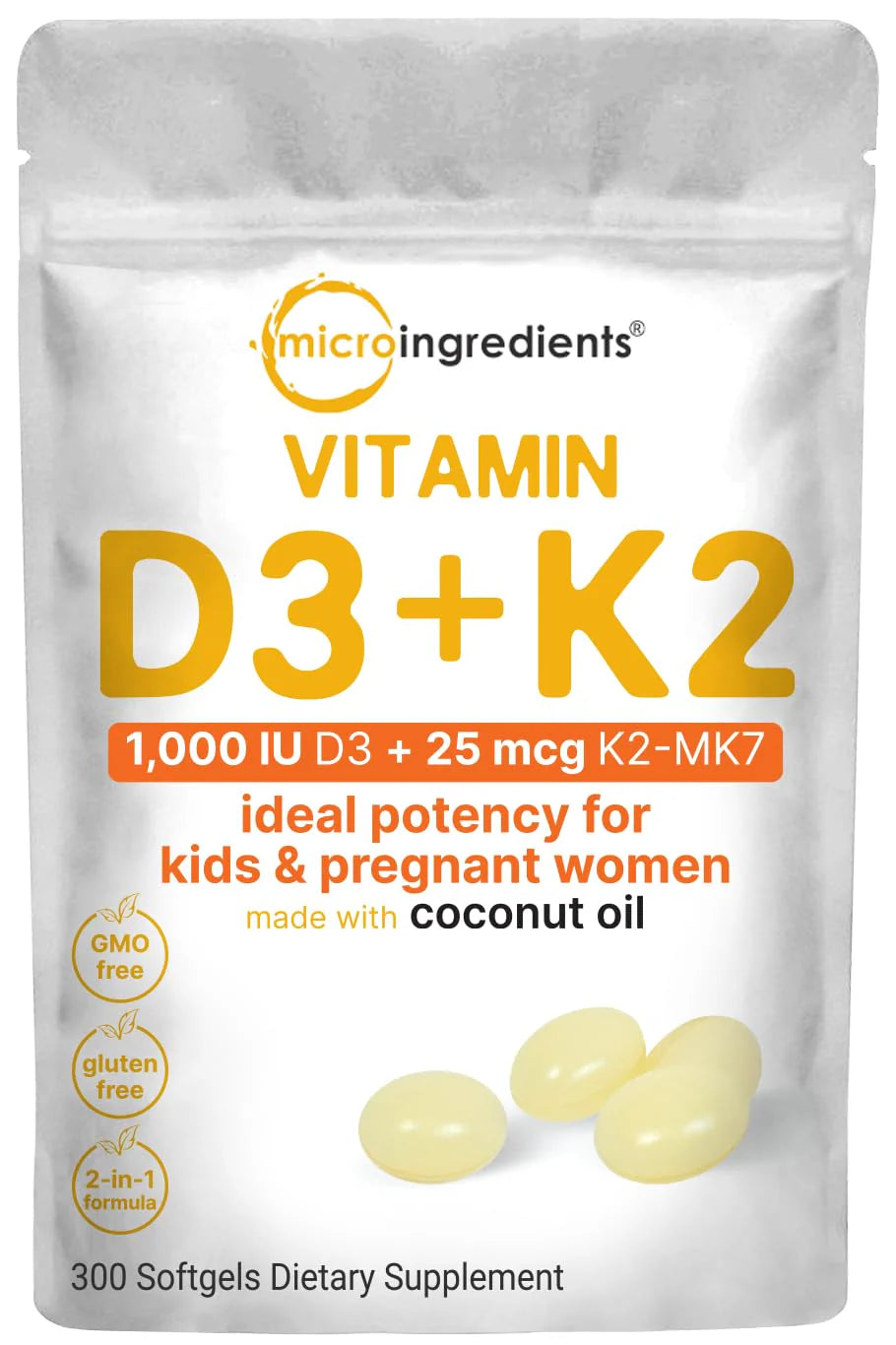 Vitamin D3 1,000 iu Plus K2 25 mcg 300 Coconut Oil Softgels Y3466