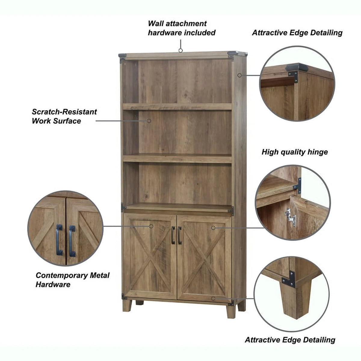 Rustic Oak 2-Door Engineered Wood Bookcase L209