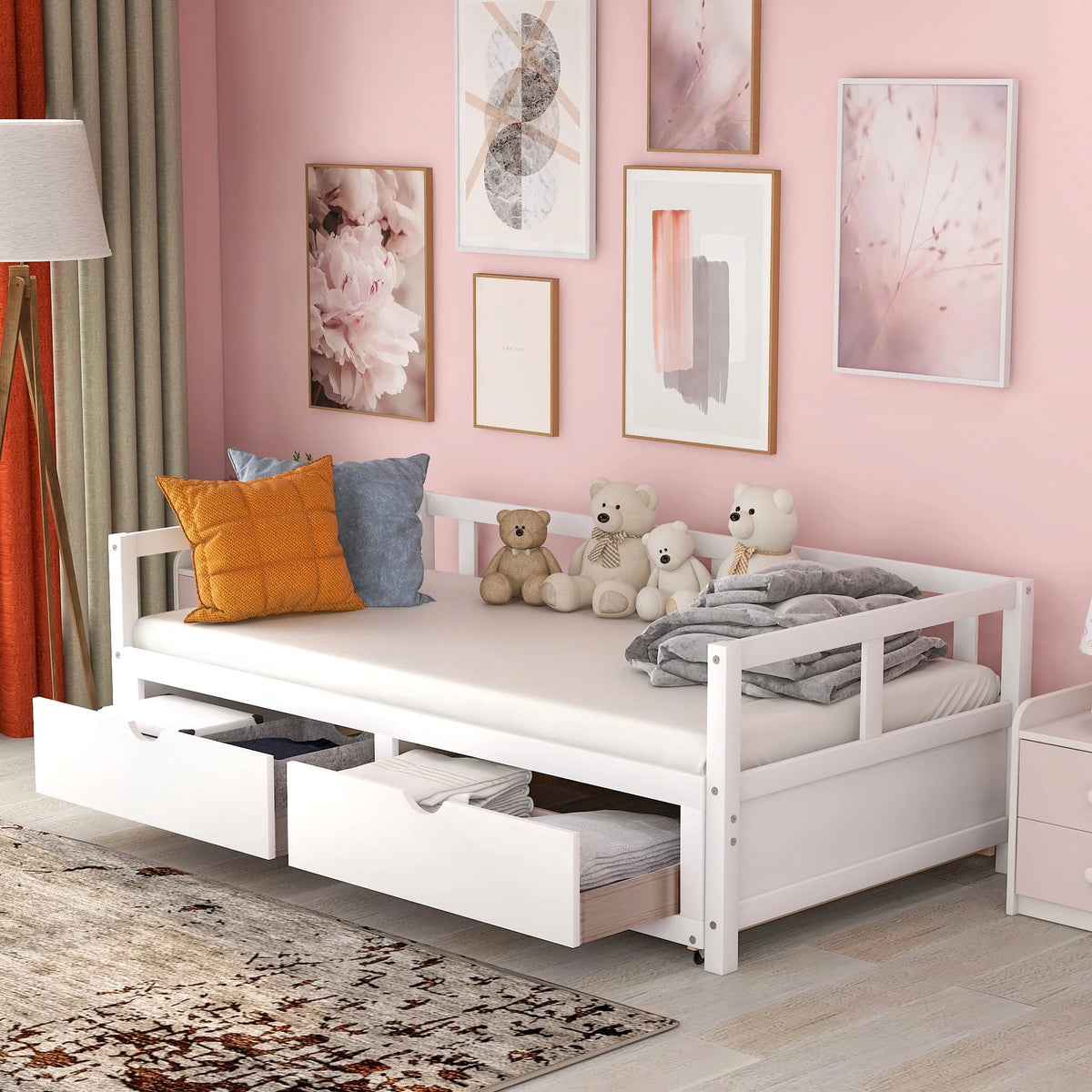 Solid Wood Twin Size Extending Daybed with Two Storage Drawers, White W1727