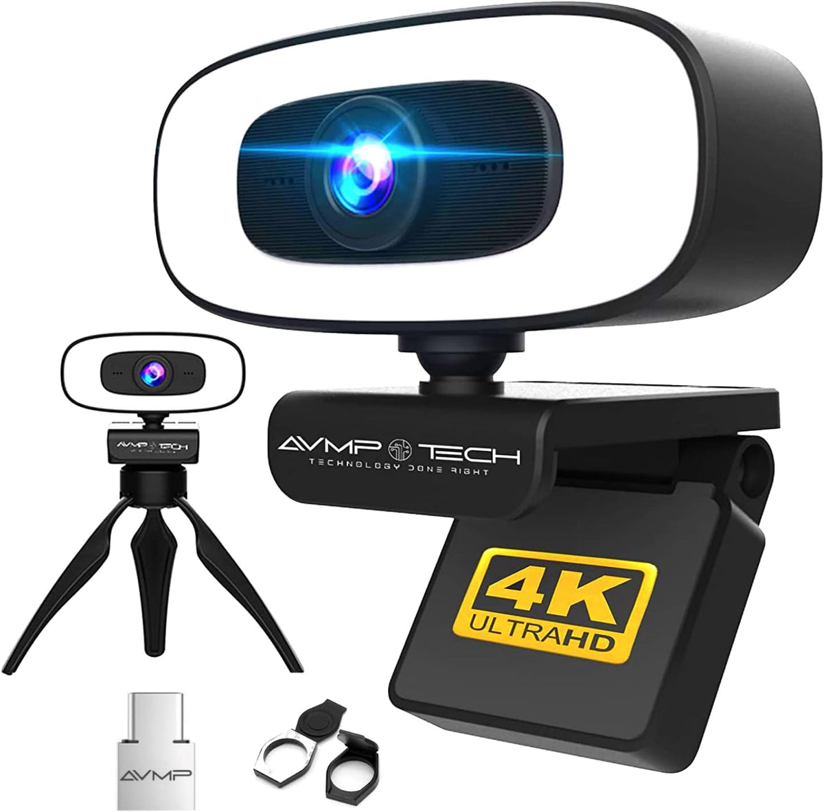 4K Webcam with Ring Light Ultra HD 8MP Autofocus USB Web Cam Stereo Microphone Q527