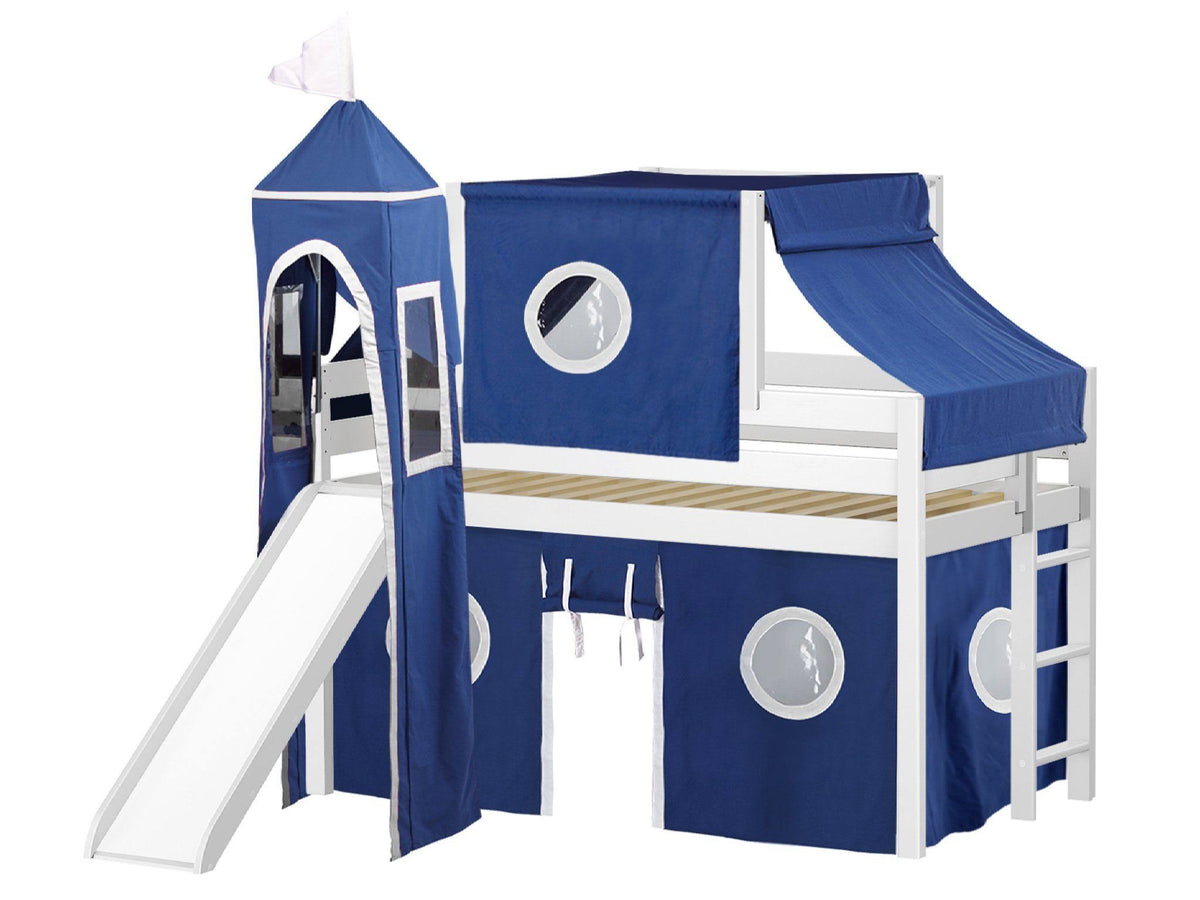 White Low Loft Twin Bed with Slide and Tent A5532