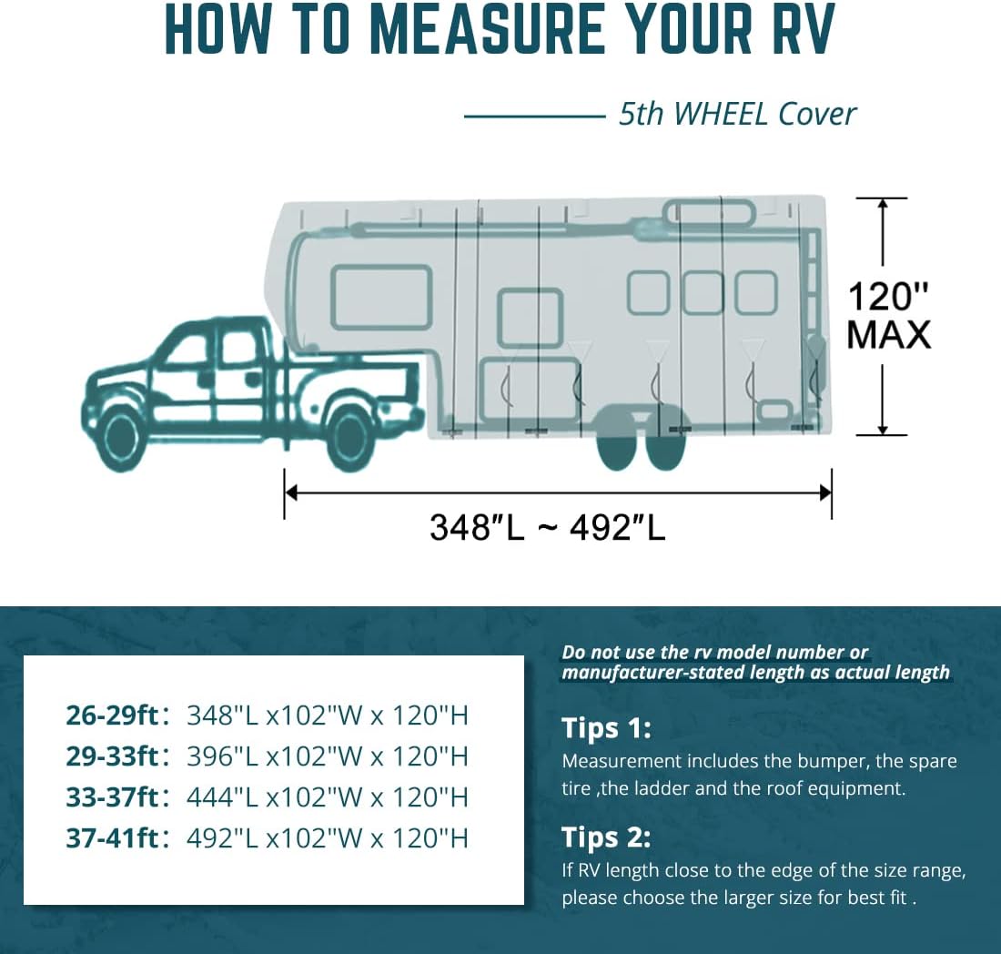 5th Wheel RV Cover, Extra-Thick 5 Layers Anti-UV Top Panel, Fits 37'-41' Motorhome with 2Pcs Extra Straps & 4 Tire Covers C544