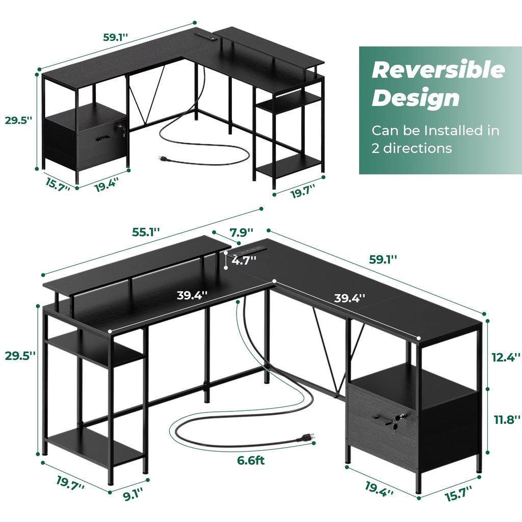 Black L Shaped Desk with Power Outlets & LED Lights C63107
