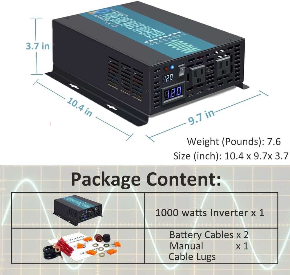 1000W Pure Sine Wave Car Power Inverter 12V DC to 120V AC with 2 AC Outlets E949380