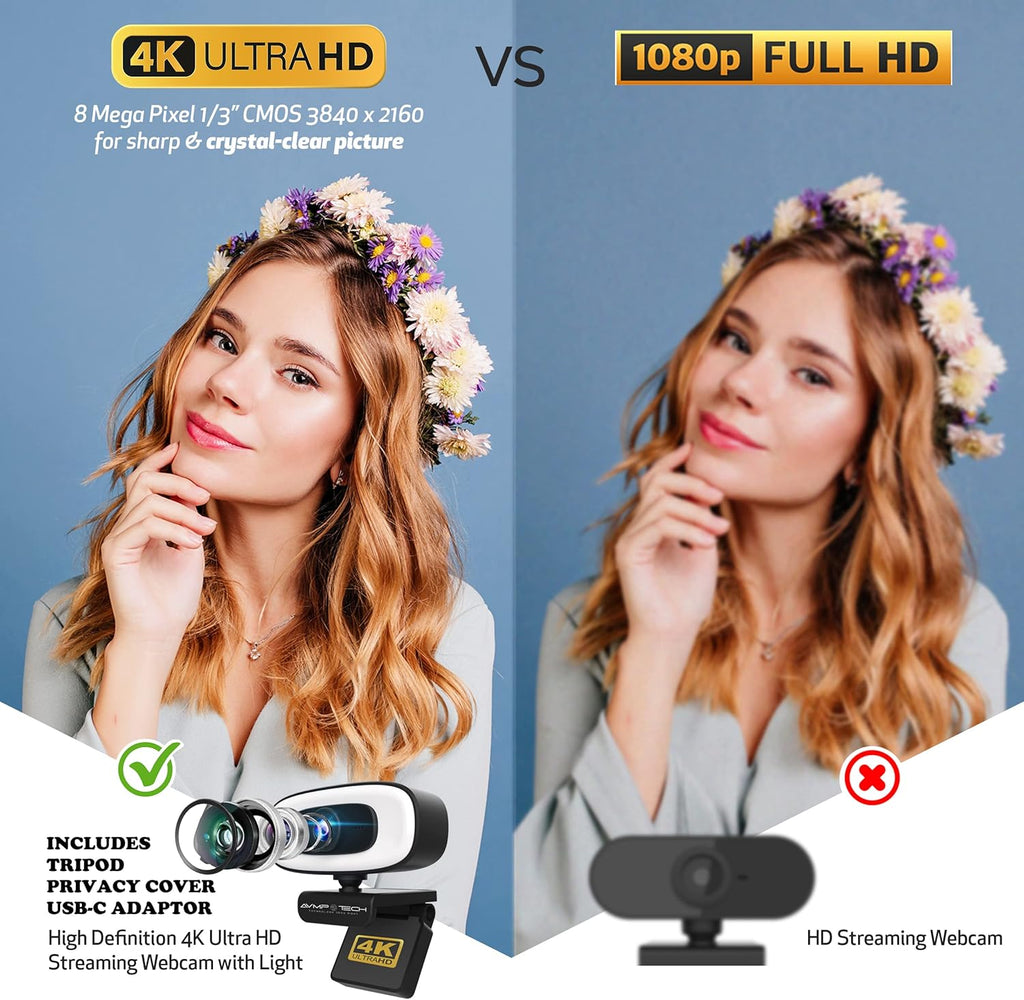4K Webcam with Ring Light Ultra HD 8MP Autofocus USB Web Cam Stereo Microphone Q527