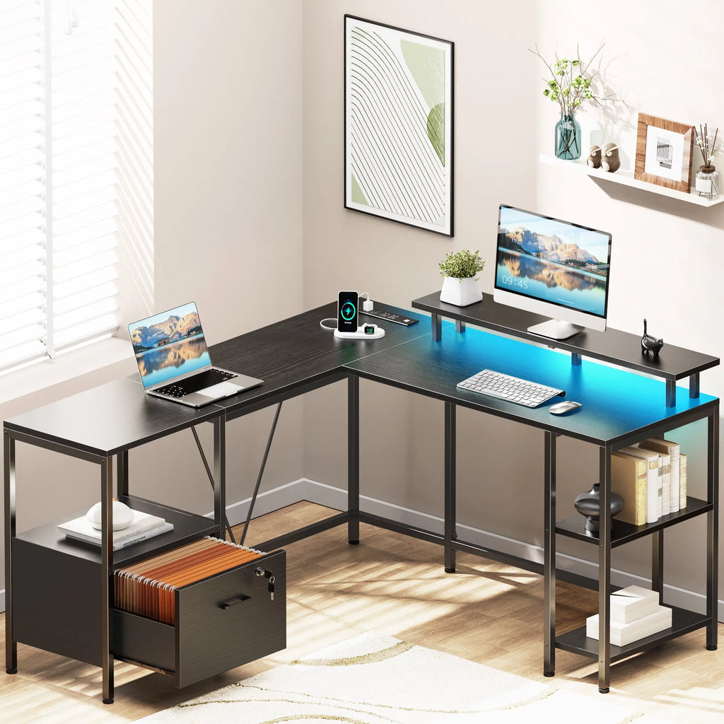 Black L Shaped Desk with Power Outlets & LED Lights C63107