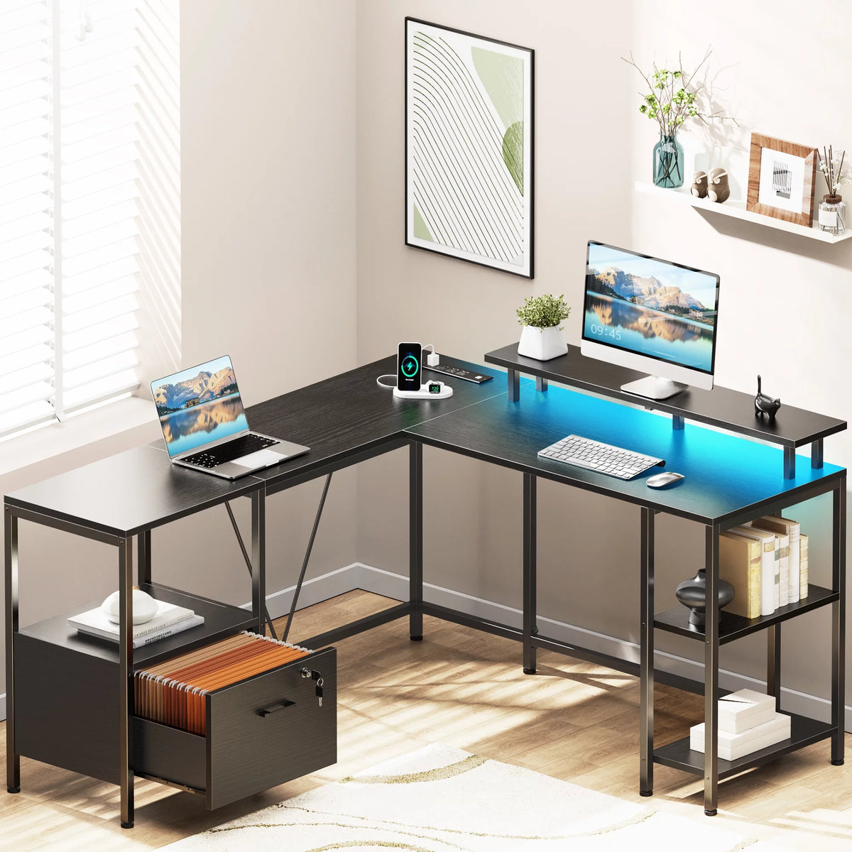 Black L Shaped Desk with Power Outlets & LED Lights C63107