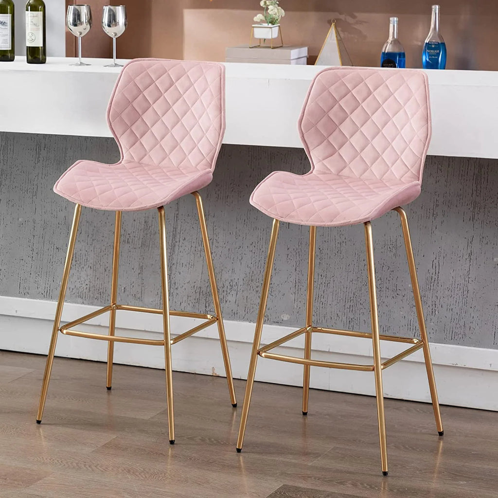 Velvet Bar Stool with Back Set of 2, Gold Metal Legs, Salmon Pink C415
