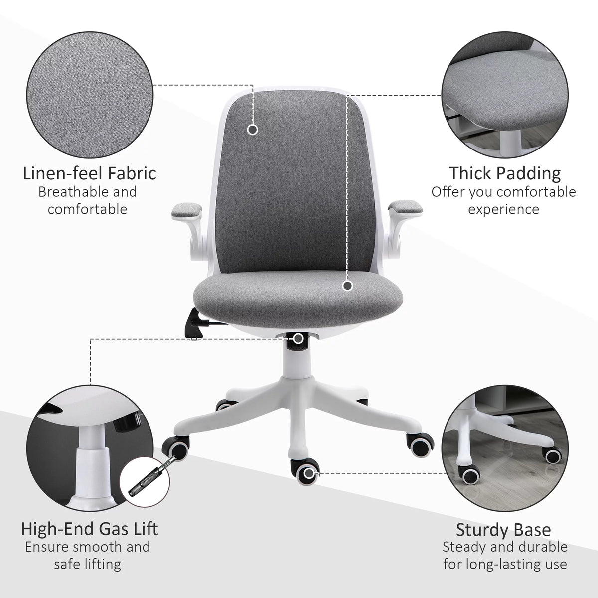 Grey Linen-Touch Fabric Office Chair with Flip-up Arms O566810