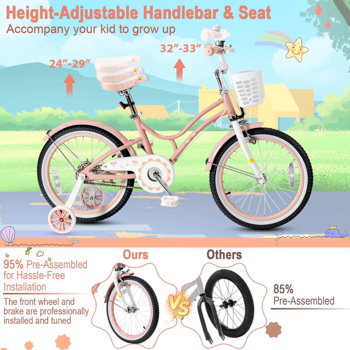 18 Inch Kids Bike with Training Wheels & Basket Purple Z600464