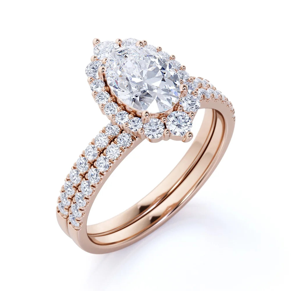 Vintage Oval Cut Real Diamond Pave Wedding Ring Set in 10k Rose Gold L798