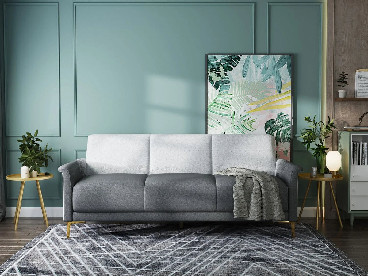 Transitional Futon Sofa with Foldable Tables, Upholstered in Linen with Flared Arms, Golden Metal Legs T170824
