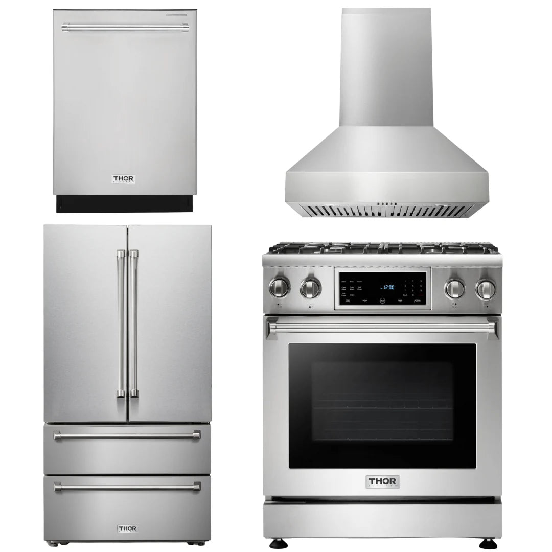 30 Gas Range, Range Hood, Refrigerator, Dishwasher R98404