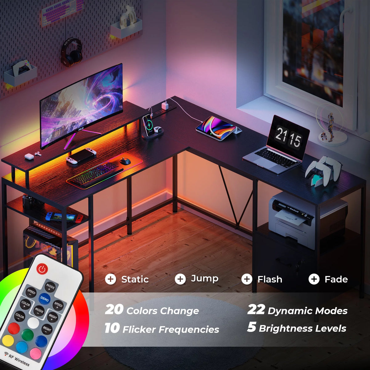 Black L Shaped Desk with Power Outlets & LED Lights C63107