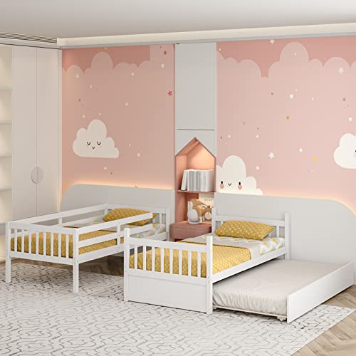 White Twin Over Twin Bunk Bed with Trundle T4839