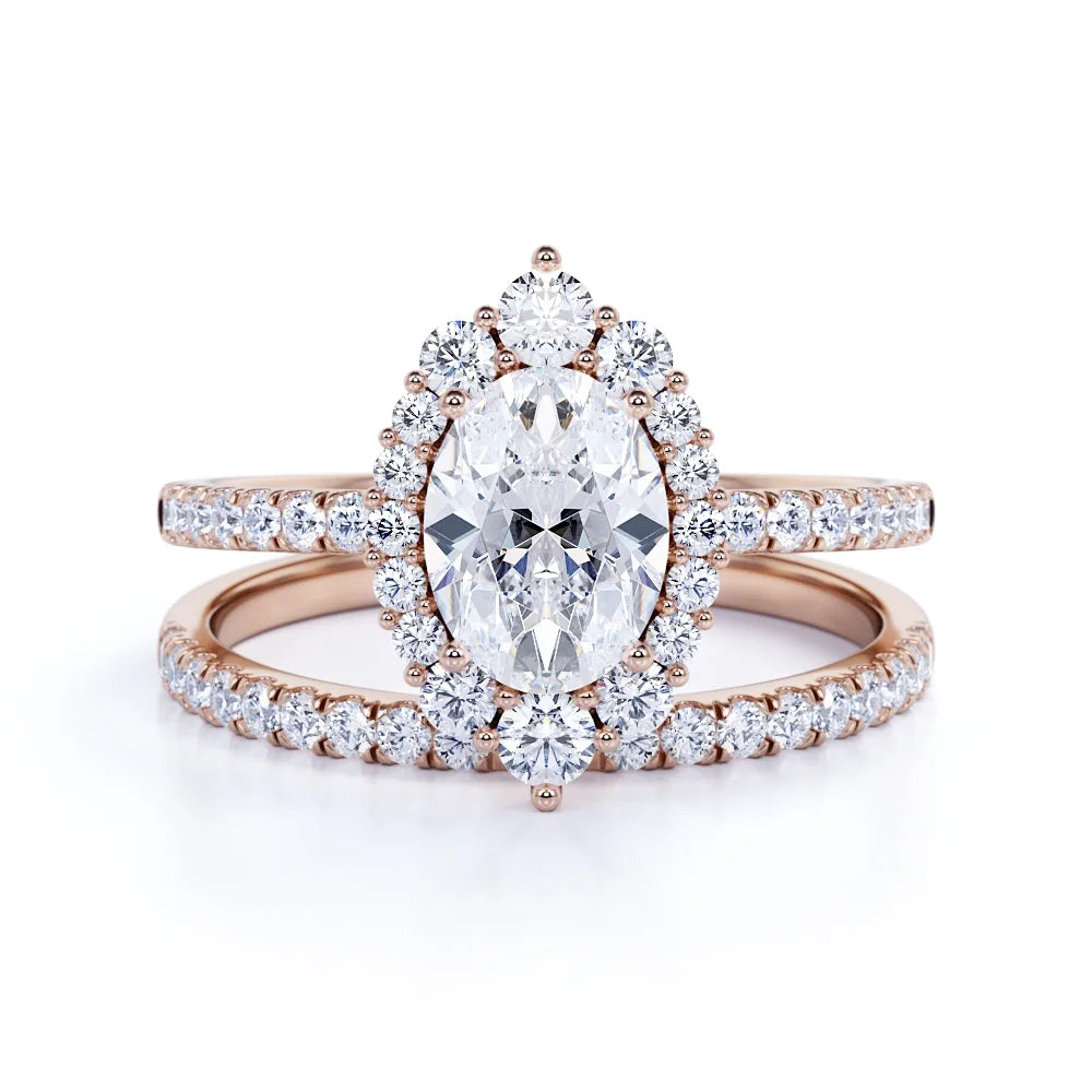 Vintage Oval Cut Real Diamond Pave Wedding Ring Set in 10k Rose Gold L798