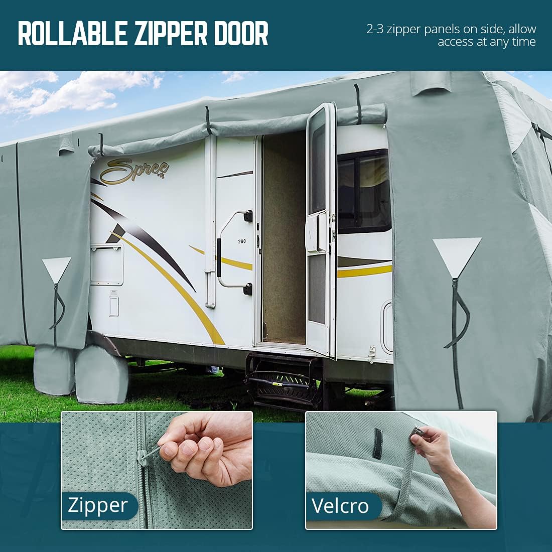 5th Wheel RV Cover, Extra-Thick 5 Layers Anti-UV Top Panel, Fits 37'-41' Motorhome with 2Pcs Extra Straps & 4 Tire Covers C544