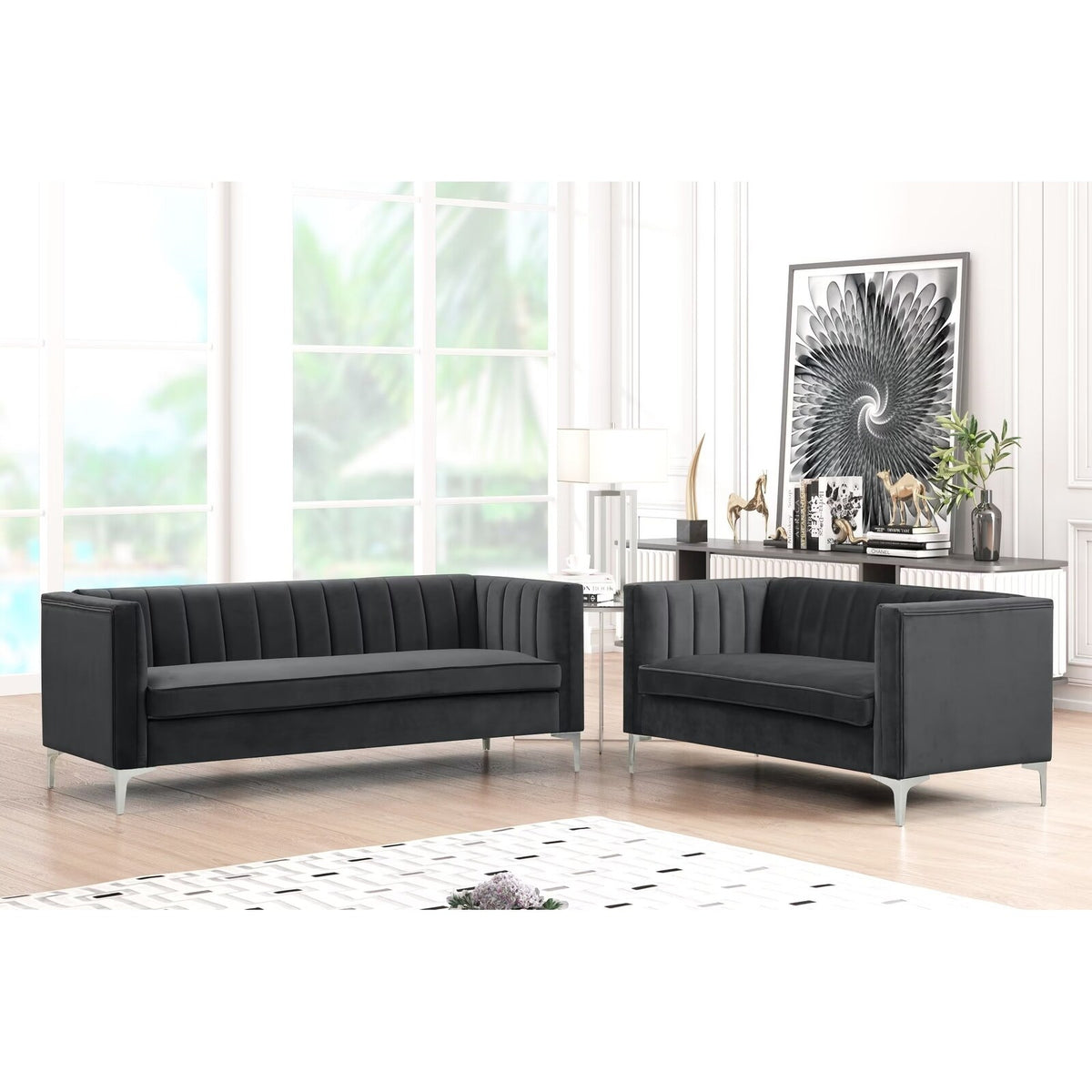 Grey Dutch Velvet Loveseat and Sofa Couch Set with Iron Legs U347615