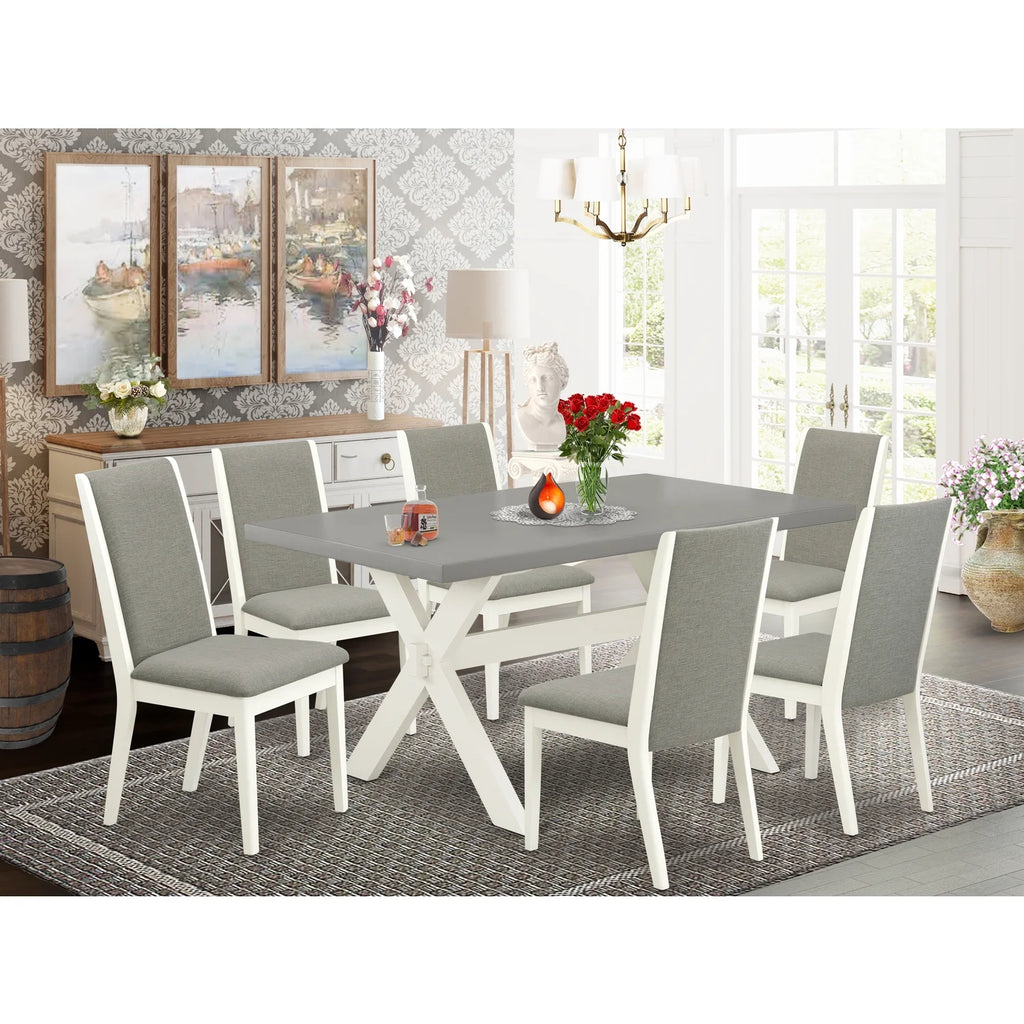 7 Piece Wood Dining Table Set with 6 Linen Fabric Chairs C5949