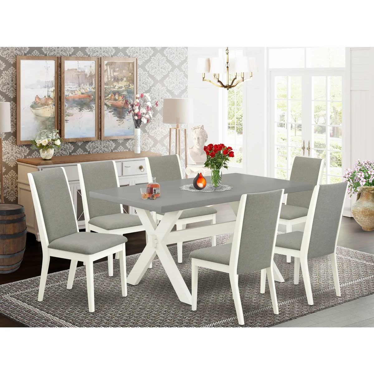 7 Piece Wood Dining Table Set with 6 Linen Fabric Chairs C5949