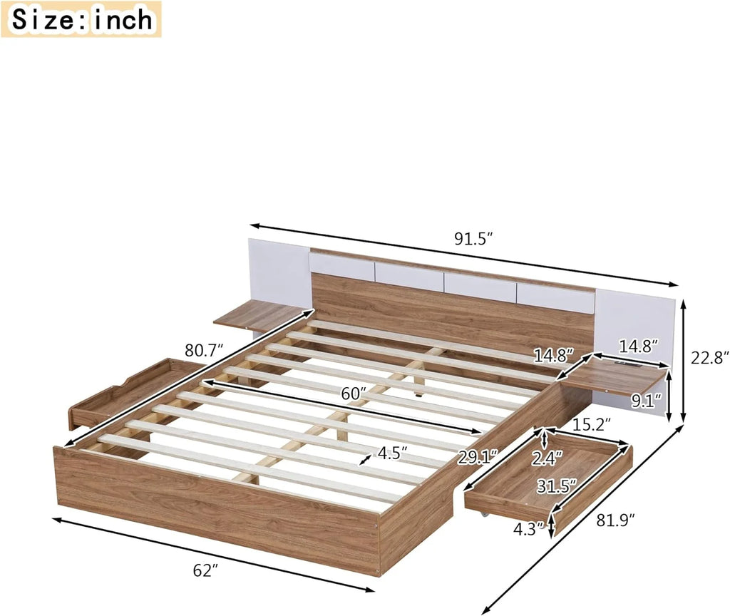 Queen Size Wood Platform Bed with Headboard and Storage A853890