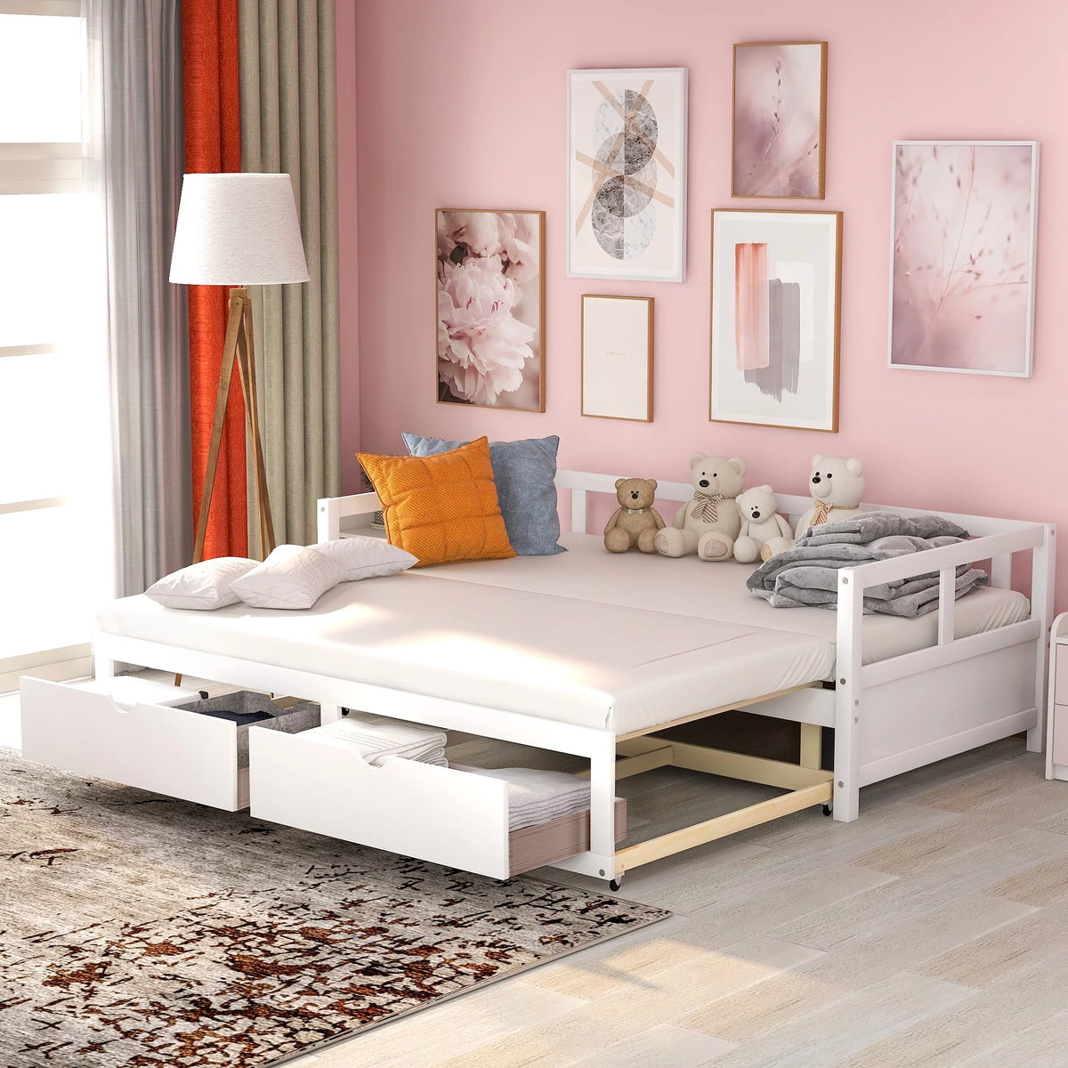Solid Wood Twin Size Extending Daybed with Two Storage Drawers, White W1727