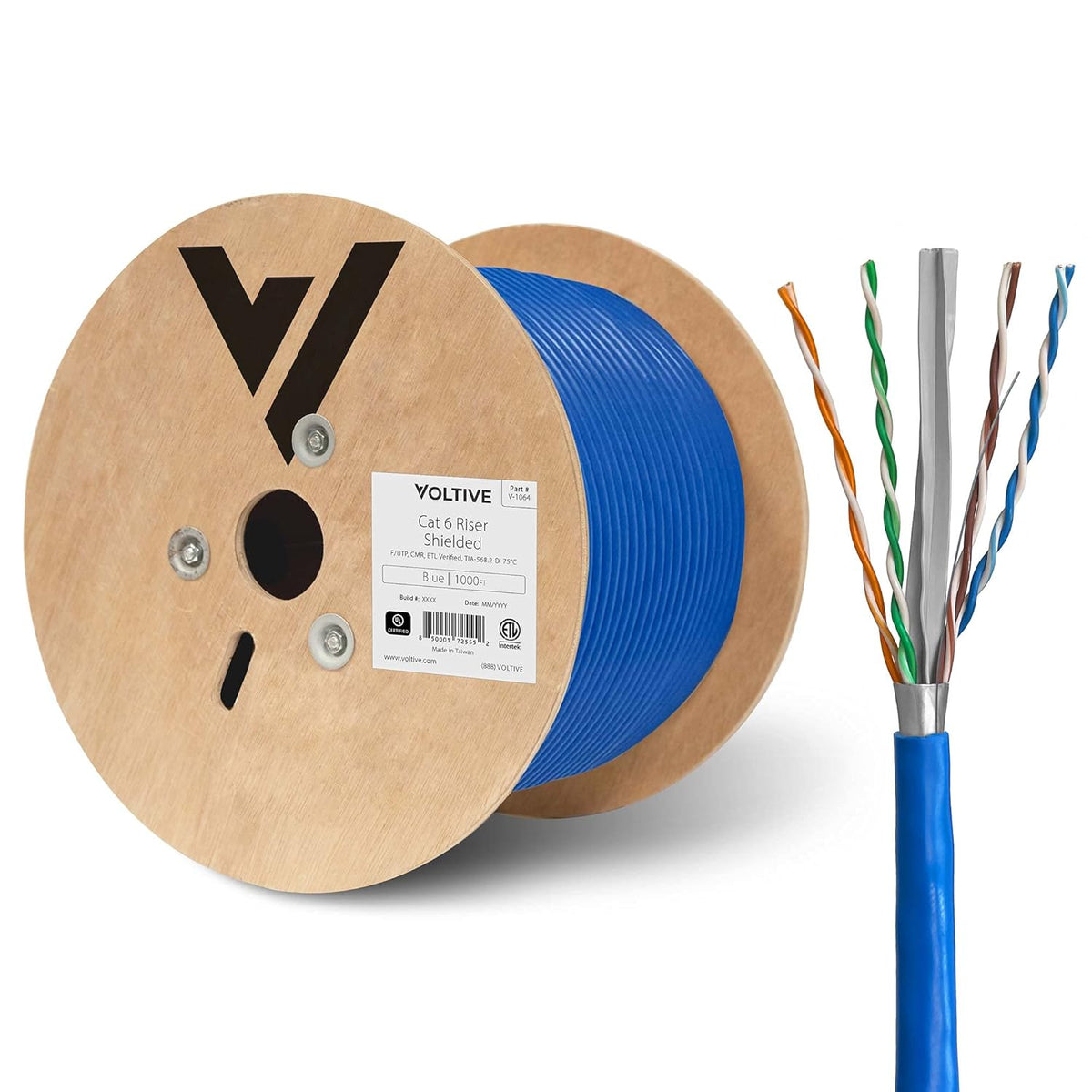 Cat6 Shielded Riser Bulk Ethernet Cable, 1000ft, Blue, Solid Bare Copper Q816811