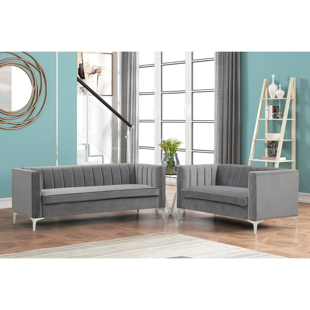 Grey Dutch Velvet Loveseat and Sofa Couch Set with Iron Legs U347615