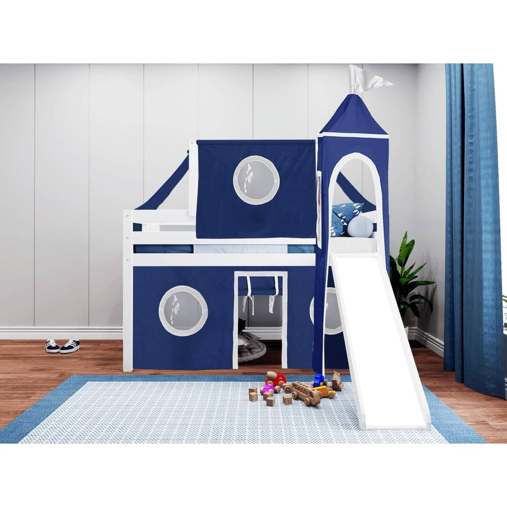 White Low Loft Twin Bed with Slide and Tent A5532