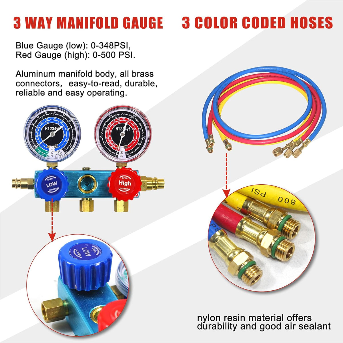 3 Way AC Manifold Gauge Set with 5FT Hose R26876