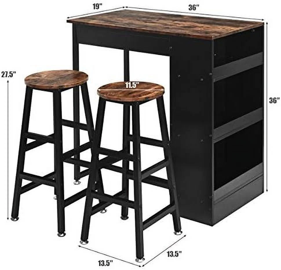 3 Piece Wooden Counter Height Pub Dining Set with 2 Stools J7260