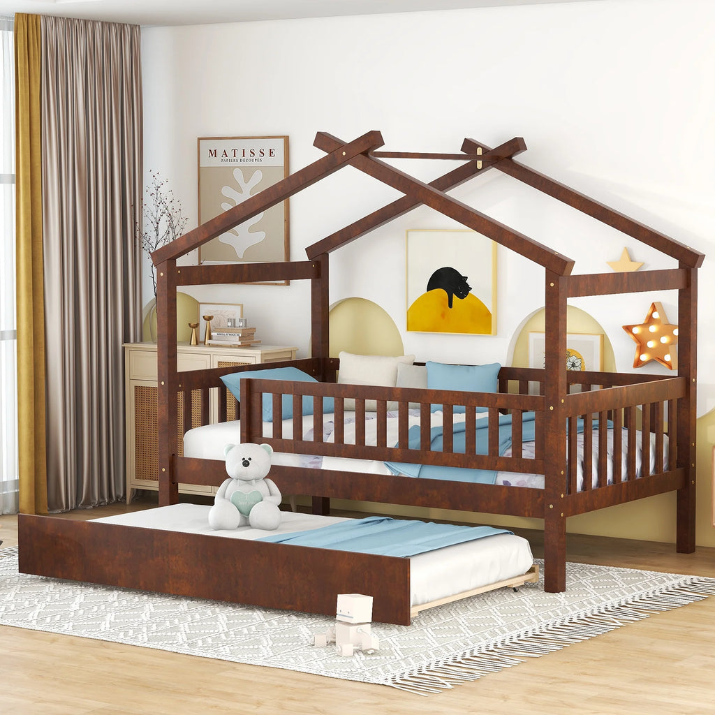 Twin-Size Wooden House-Shaped Bed with Trundle N8496