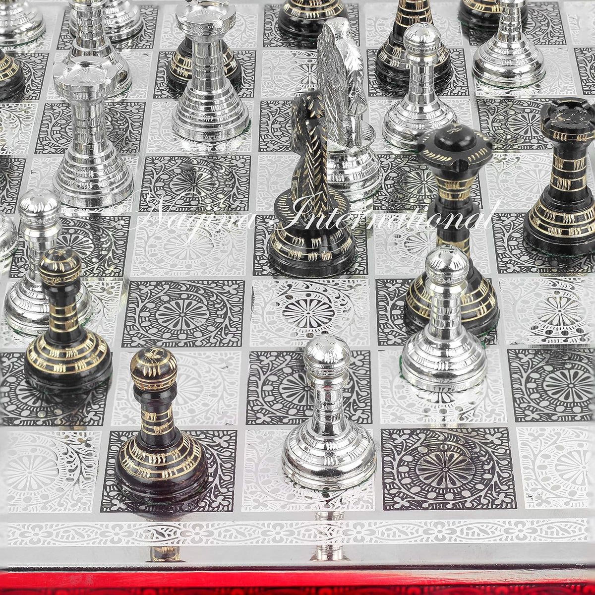 Solid Brass Black Chess Set with Red Velvet Storage Case Q1878