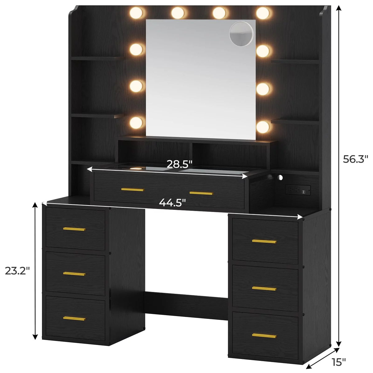 Black Vanity Desk with Mirror and Lights, Glass Top, Charging Station, 8 Drawers X312
