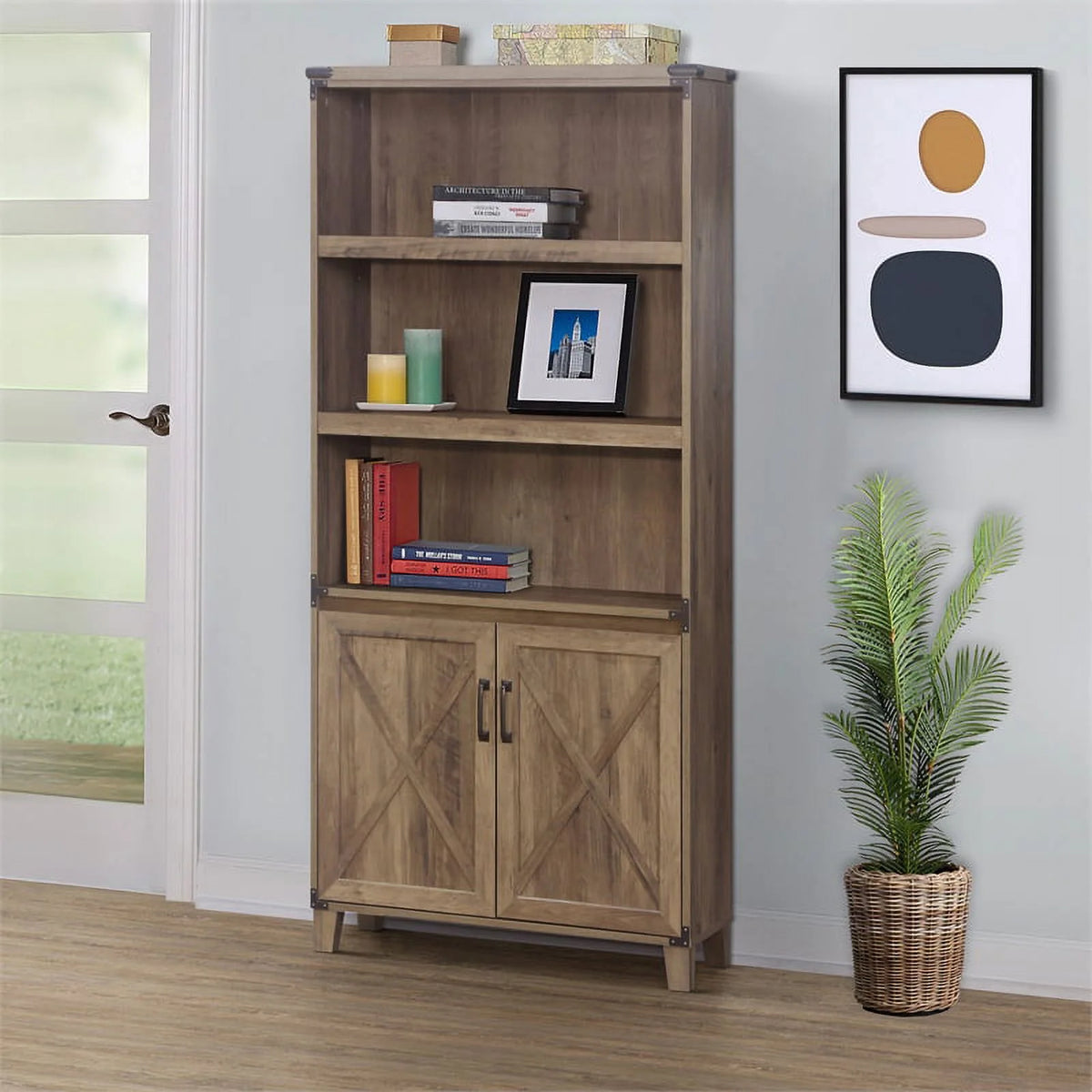 Rustic Oak 2-Door Engineered Wood Bookcase L209